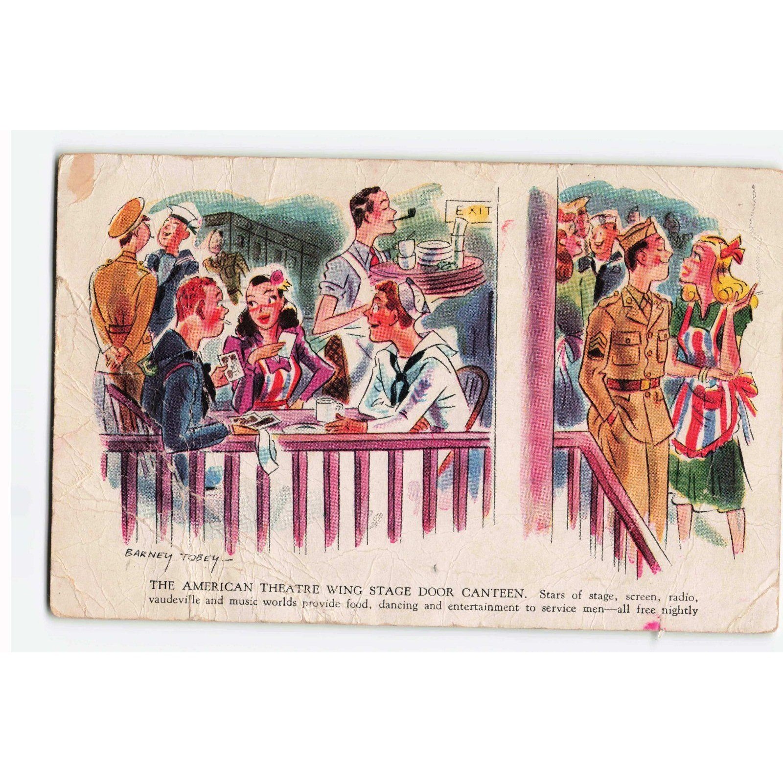 Vintage 1944 Barney Tobey WWII Stage Door Canteen Postcard Philadelphia PA Art