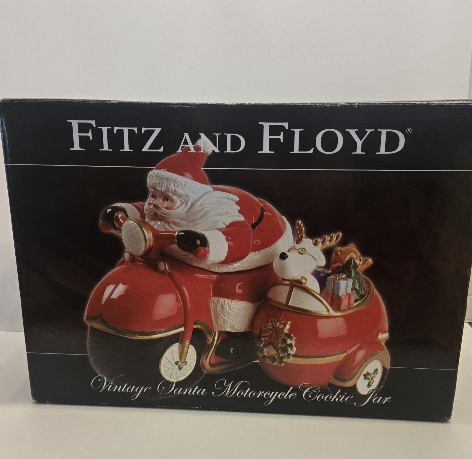 Fitz & Floyd LARGE Santa Claus Motorcycle Sidecar Cookie Jar Figurine NEW 2005
