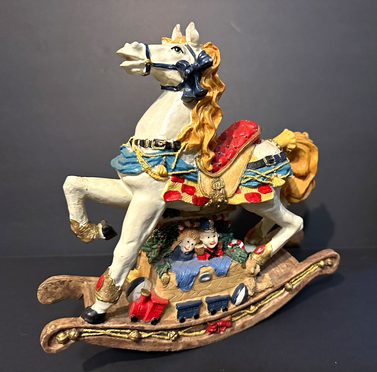 Vintage Christmas Rocking Horse Music Box Figurine Children Train Resin 9”