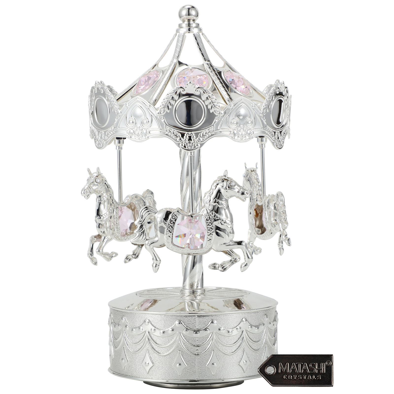 Matashi Silver Plated Music Box w/ Crystal Studded Carousel w/ Horse Figurine