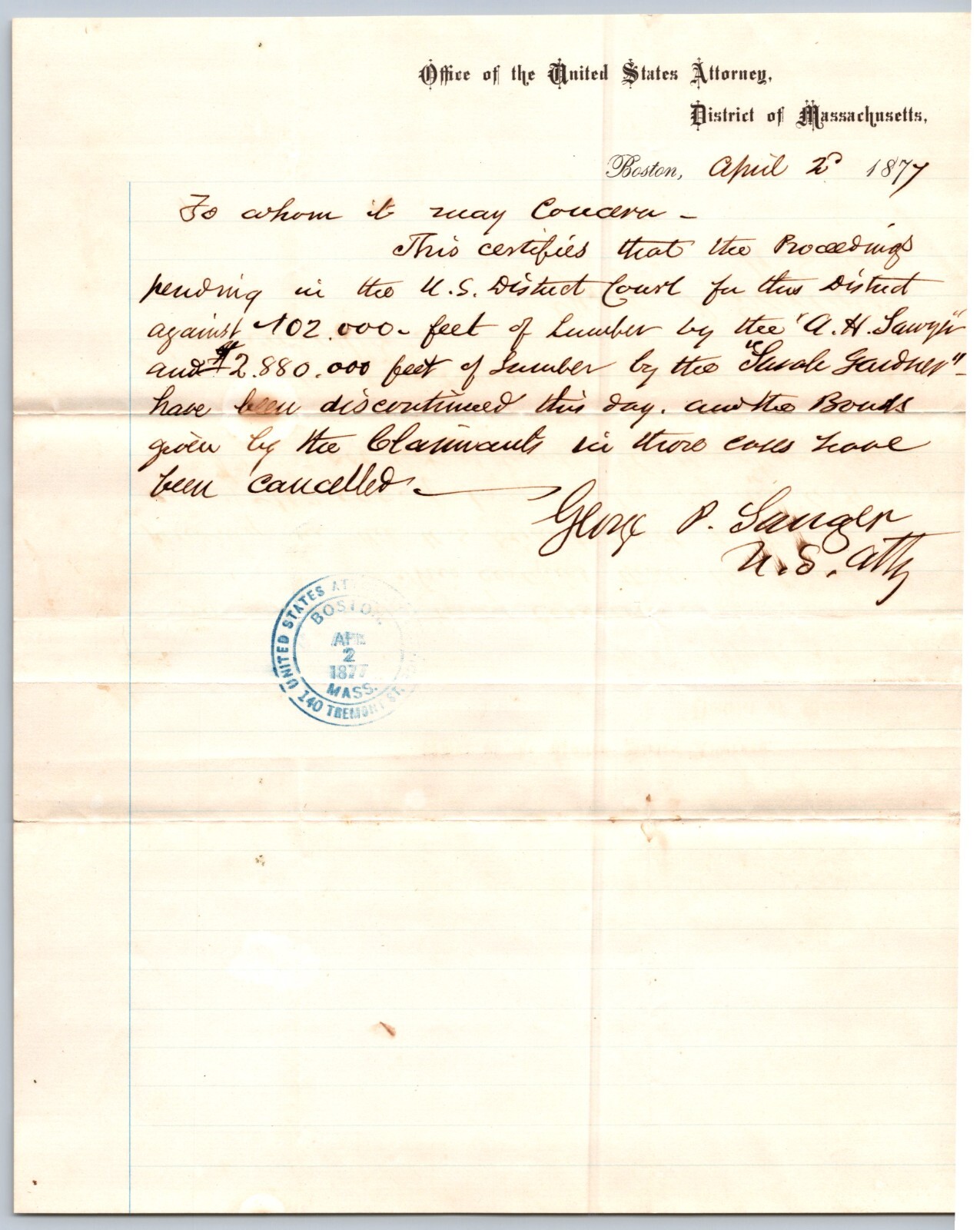 1877 LETTER UNITED STATES ATTORNEYS OFFICE GEORGE P SANGER 1ST PRES JOHN HANCOCK