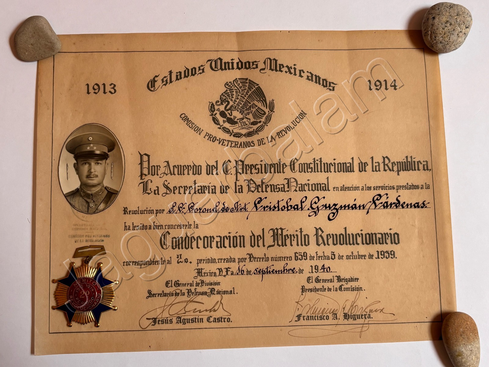 Mexican Military Medal Diploma Second Period Revolution Veteran 1913-1914