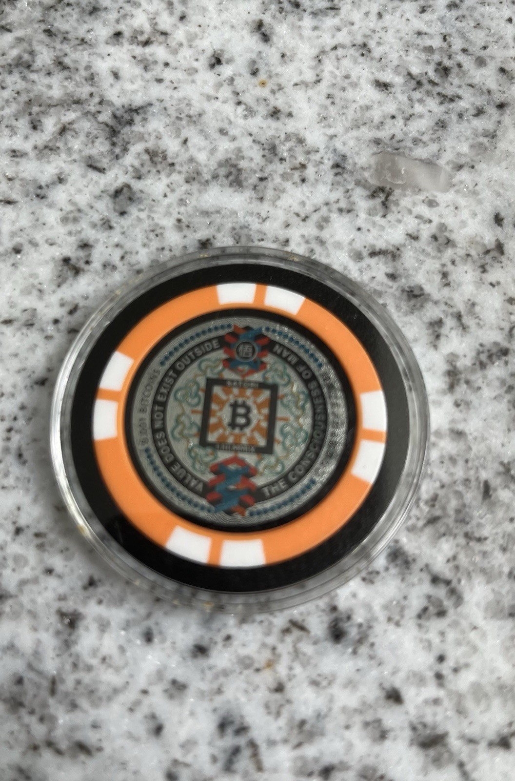 RARE 2016 UNREDEEMED BIT COIN SATORI ORANGE POKER CHIP  (.001 BTC)