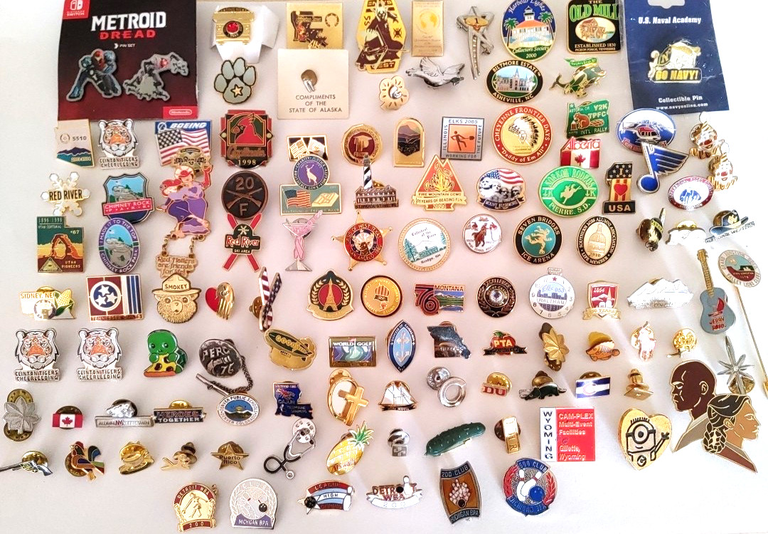 Vintage to Now 100 Lapel Pin Lot Hat Enamel Souvenir Travel Sports Rodeo Misc.
