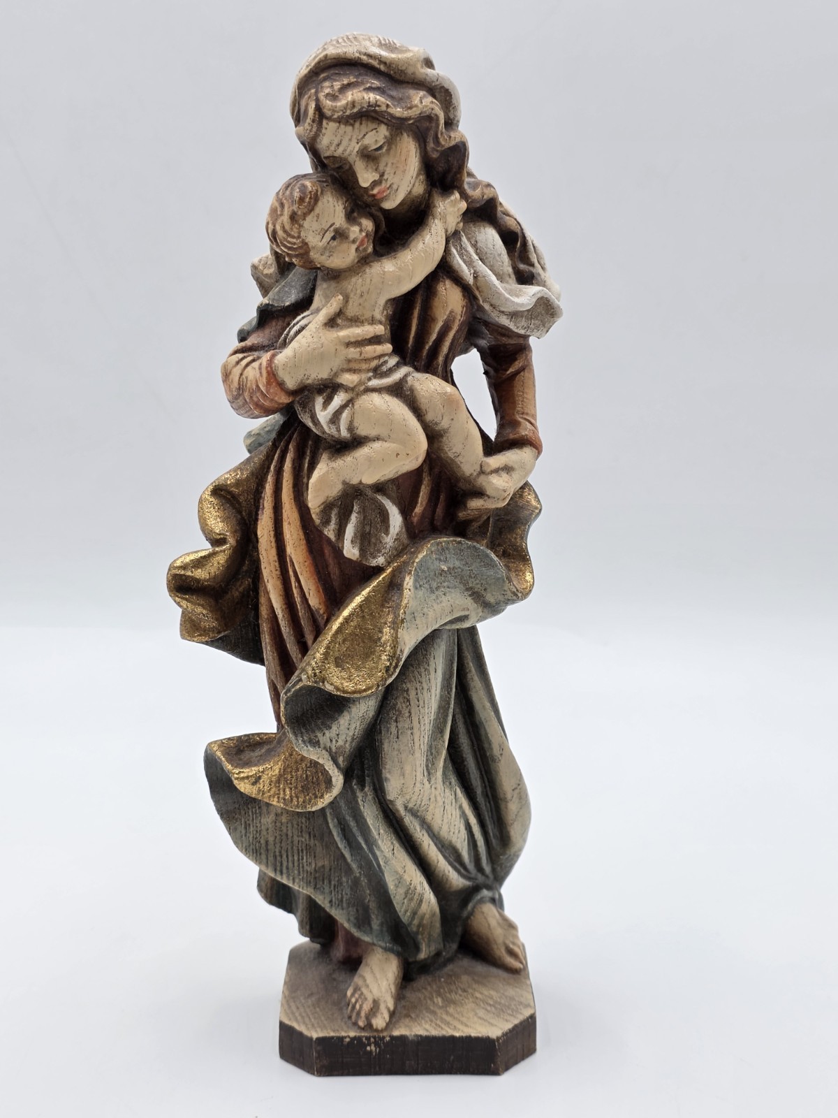 Rare Vintage 1950’s Madonna Statue W Baby Jesus In Wood From Val Gardena 10”