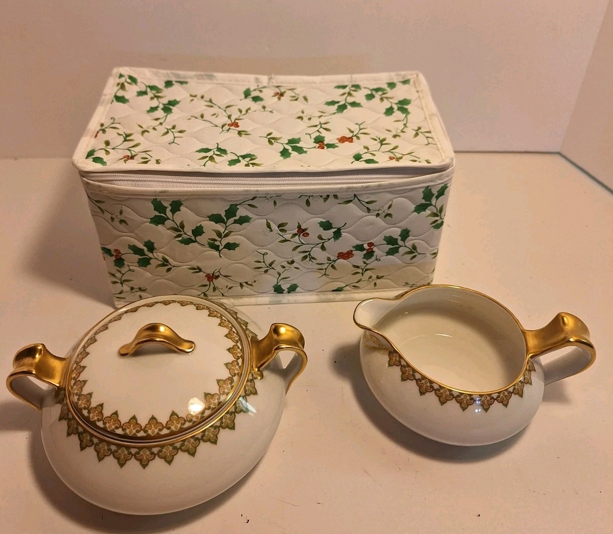 Haviland Limoges France The Monaco Full Size Sugar and Creamer Gold Green Red