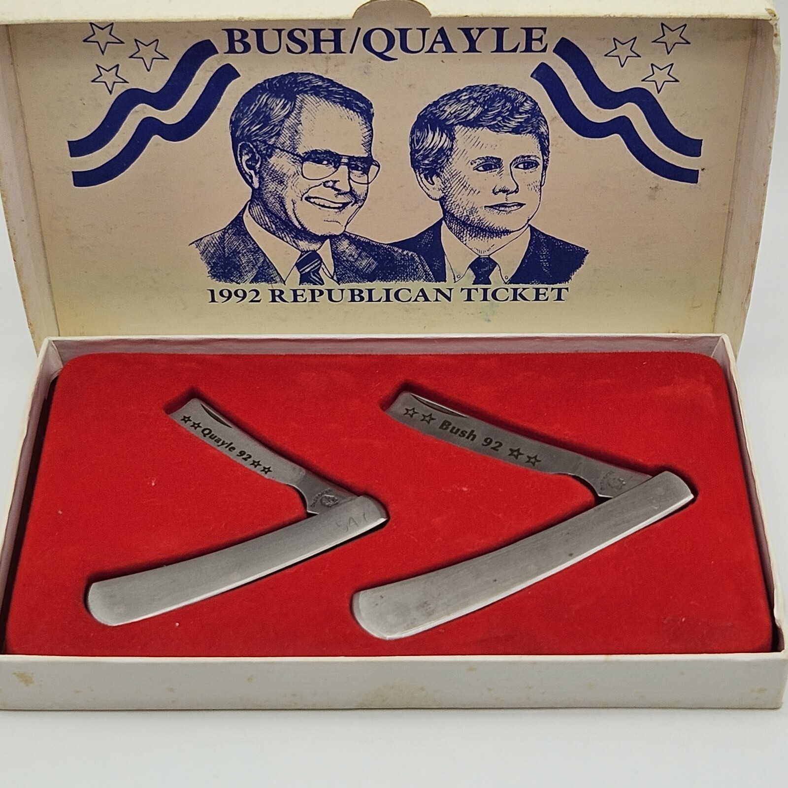 Vintage George H W Bush / Dan Quayle ‘92 1992 Straight Razor Set, Solingen RARE