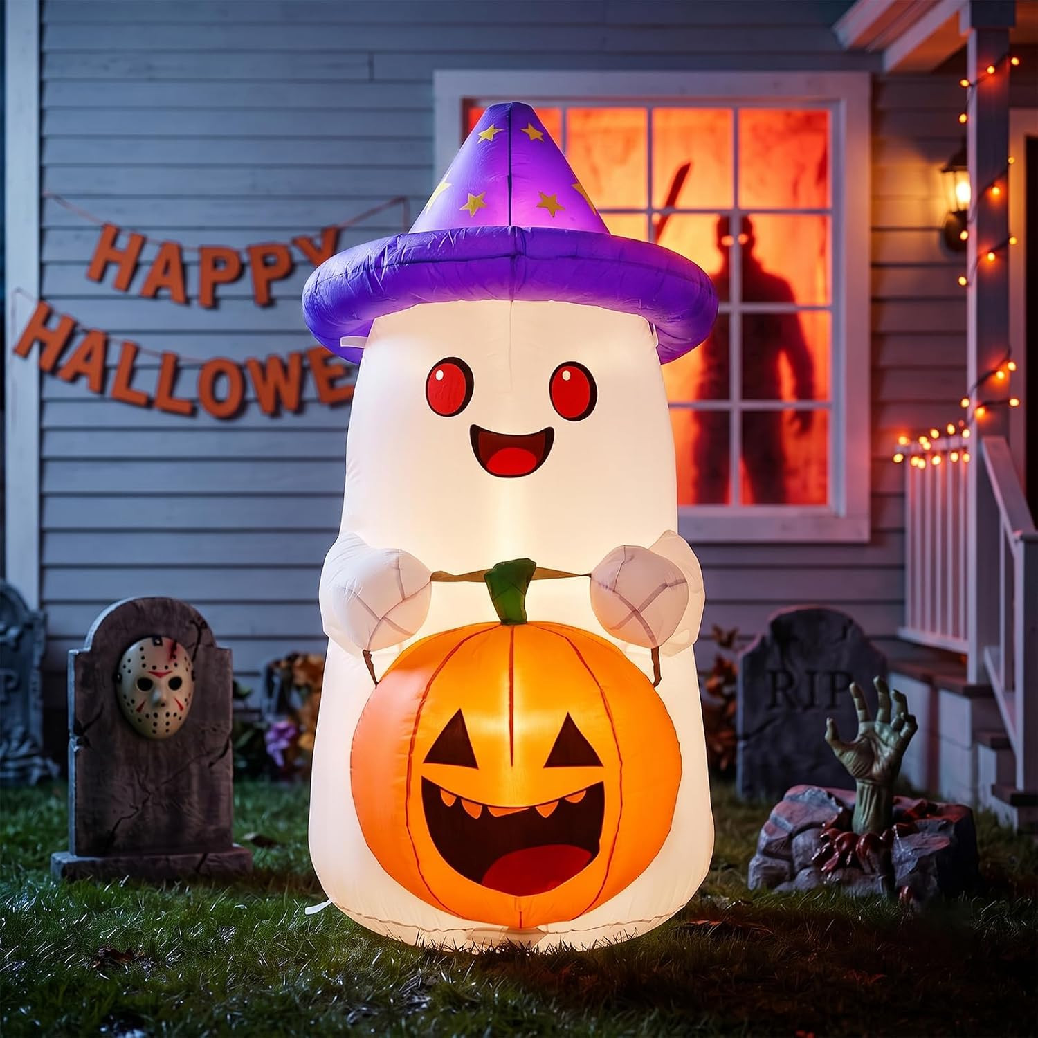 5 FT Halloween Inflatables Decor, Cute Ghost w/ Pumpkin, Built-In 2 Leds for Hal