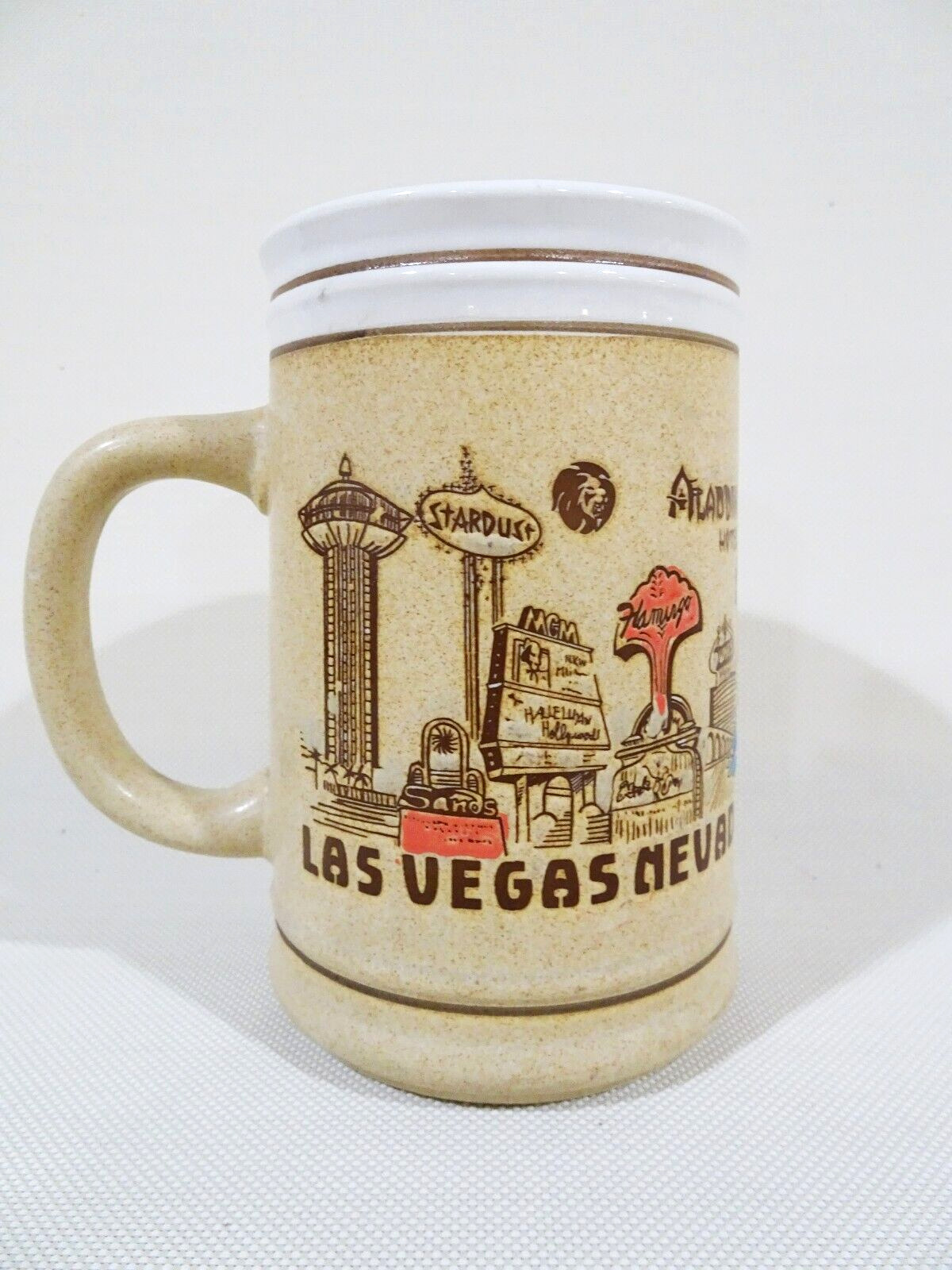 Vtg 60s Las Vegas Strip Casinos Rat Pack Coffee Souvenir Stoneware Tall Mug 5\