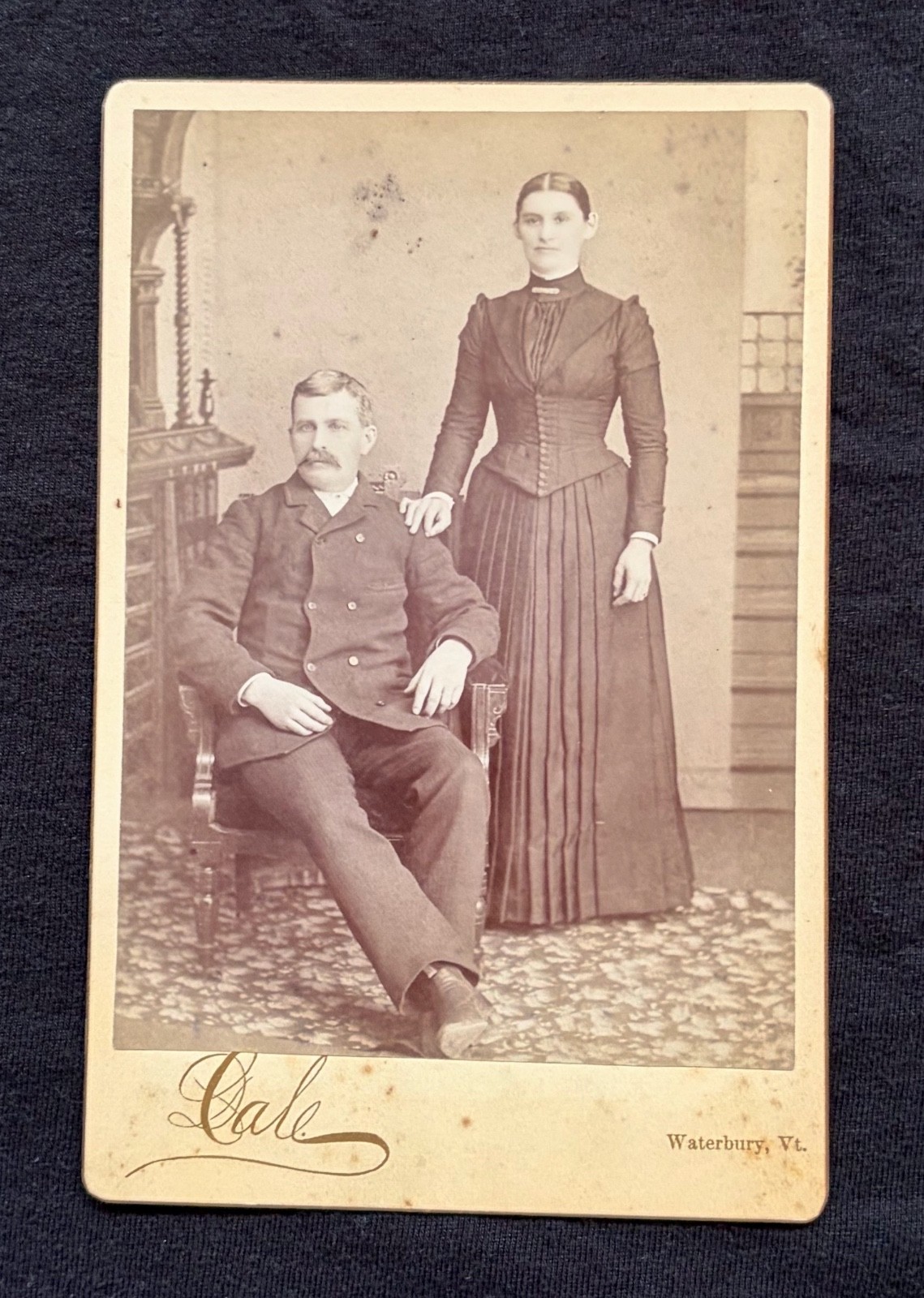 Antique 1890s Cabinet Card Photo – W.H. Vale, Waterbury Vt.– Victorian Couple