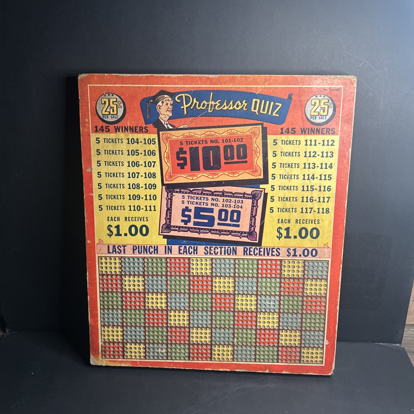 Professor Quiz vintage punchboard gambling game Unused 