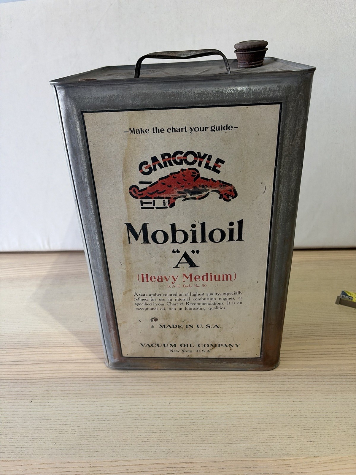 VINTAGE~ GARGOYLE MOBILOIL “A” MEDIUM HEAVY SQUARE 5-GALLON EMPTY OIL CAN