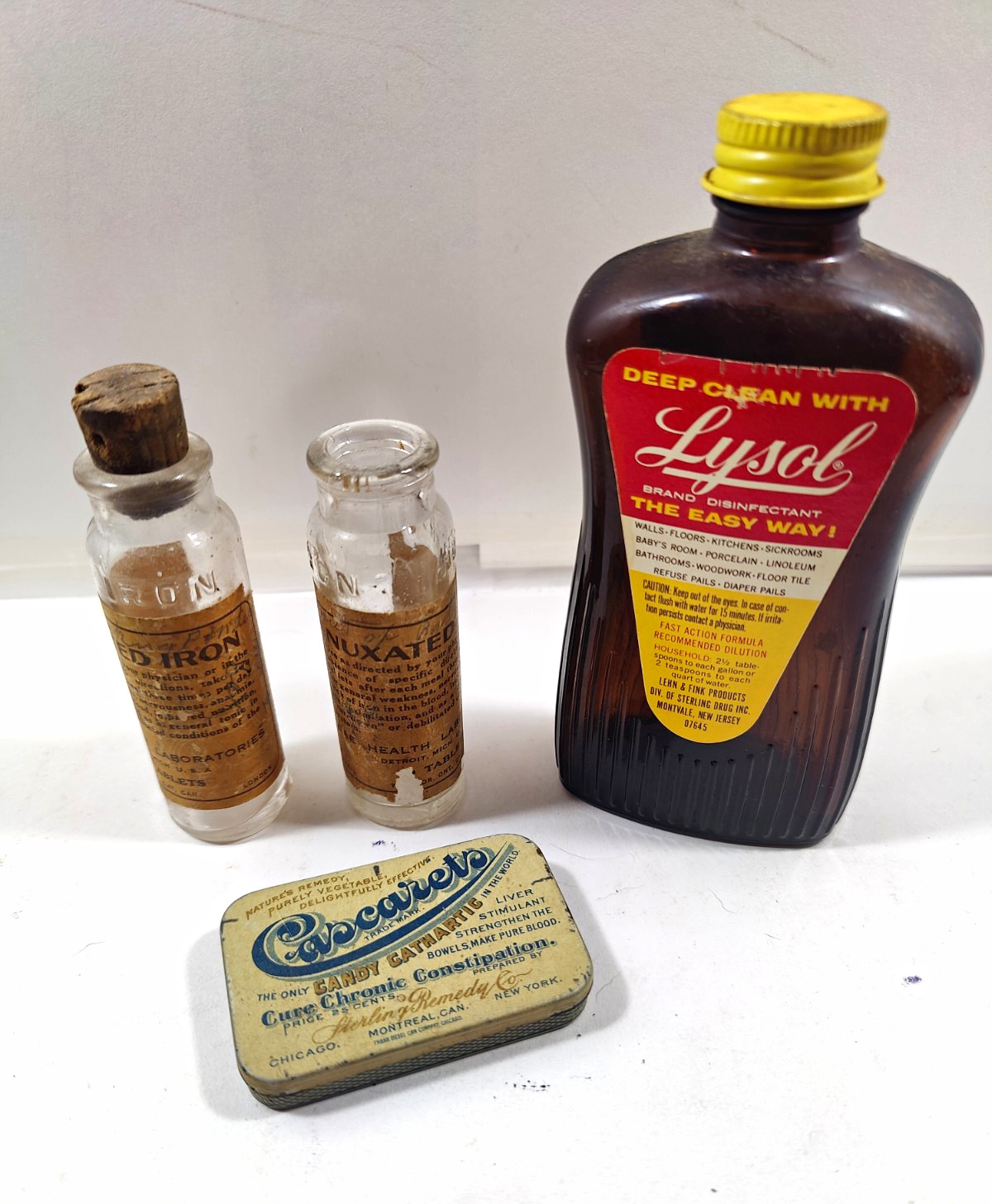 Vintage Apothecary Medicine Display Lot Empty Lysol Amber Bottle Cascarets Tin