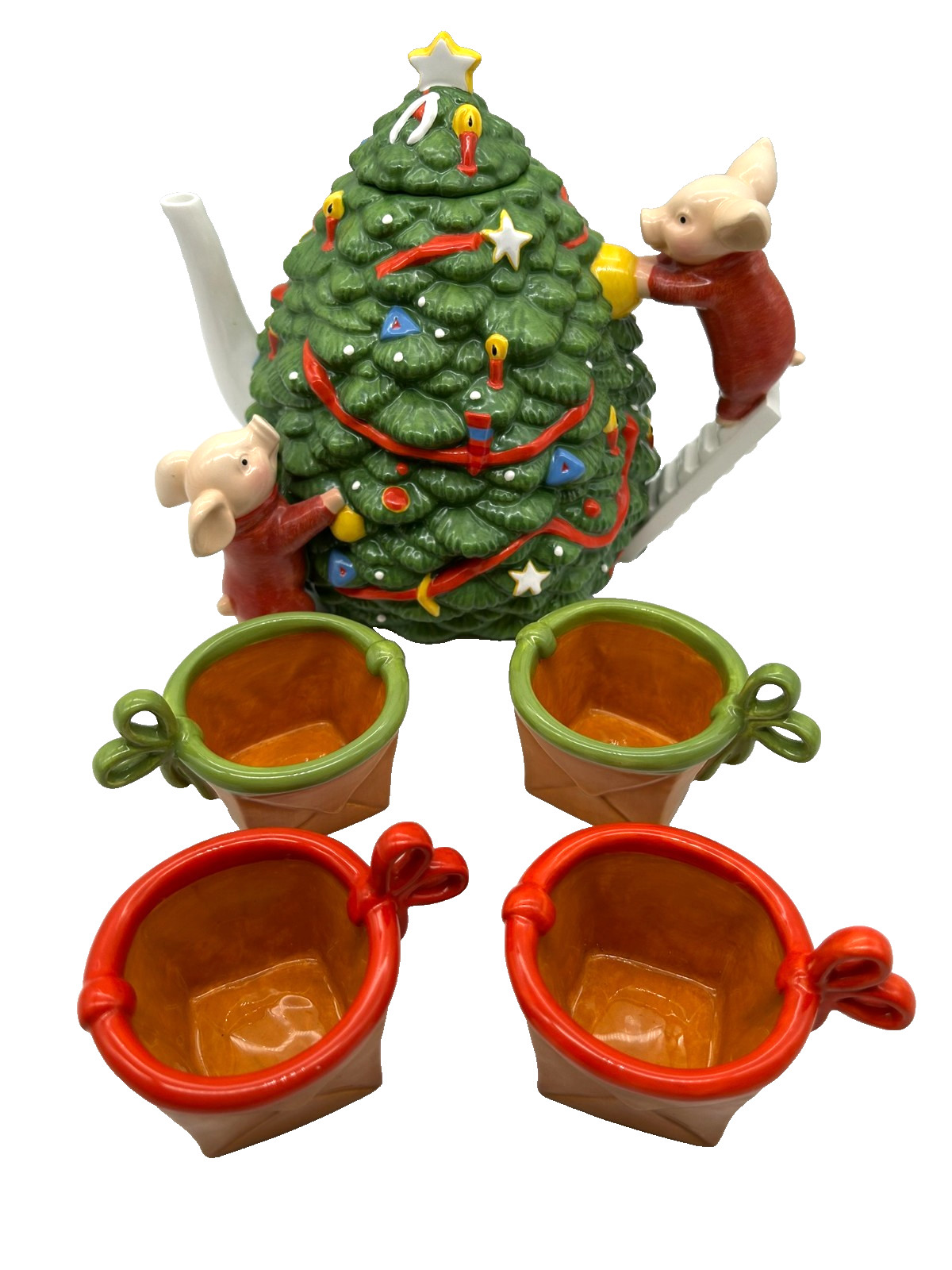 Vtg Dept 56 Toot & Puddle Pigs Christmas Tea Set Holly Hobby A Warm Cup of Cheer