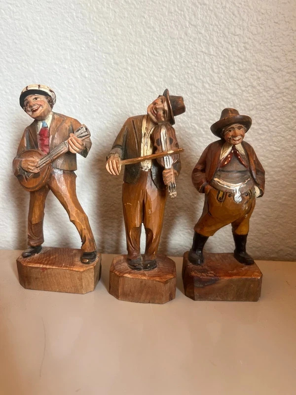 Vintage Hand-Carved Wooden Musician Figurine Set (3 Pieces)