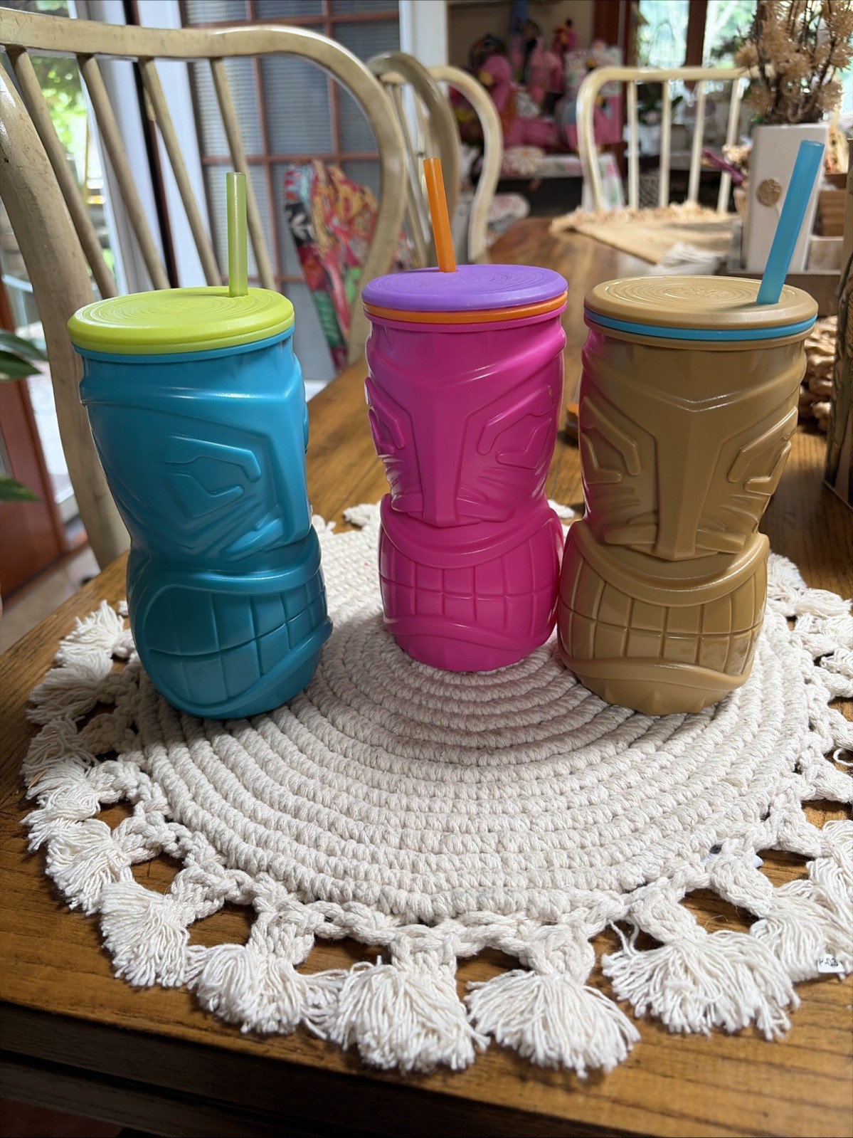 3 Cool Gear Tiki Tumbler Lid & Straw Island Vibe Pink Brown Blue Summer 2014 NOS