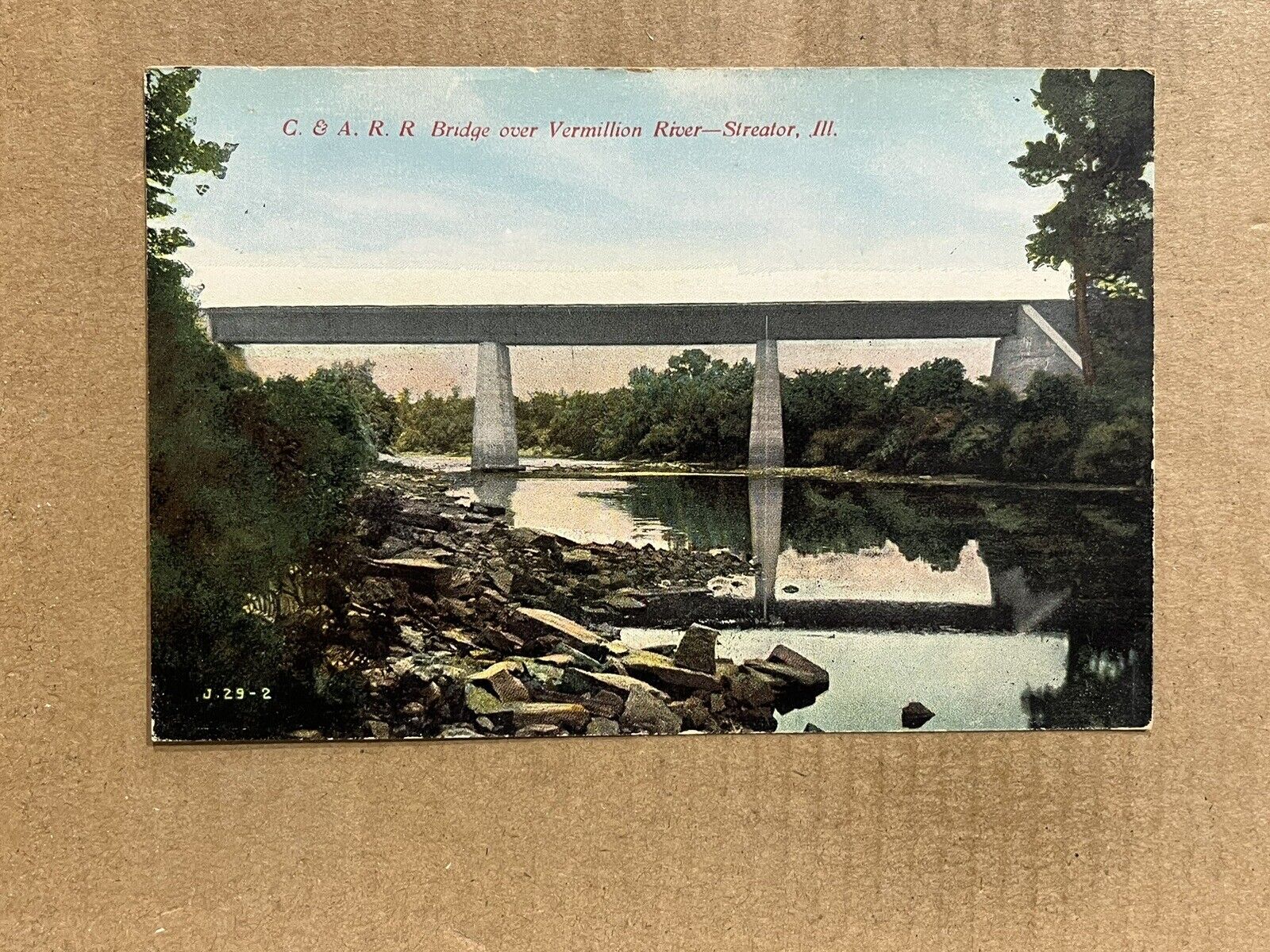 Postcard Streator IL Illinois C&ARR Railroad Train Bridge Vermillion River