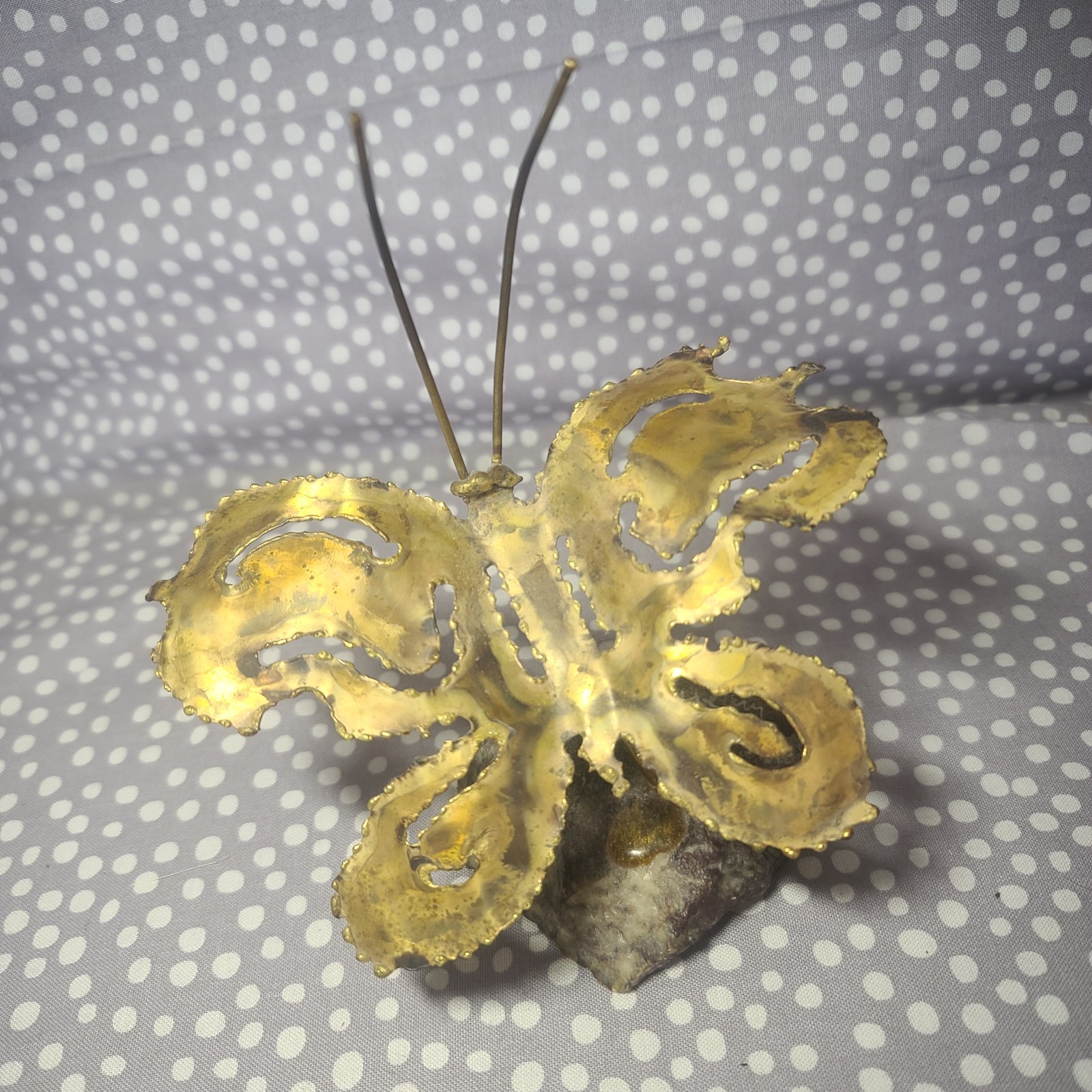 Kinetic Torched Metal Butterfly Sculpture Brutalist Mid Century On Rock Signed