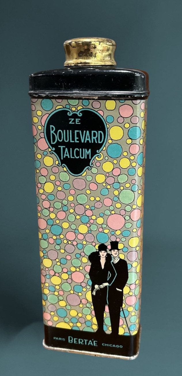 Vtg 1920s Bertae Ze Boulevard Talcum Powder Art Deco Tin Flapper Bubbles Boudoir