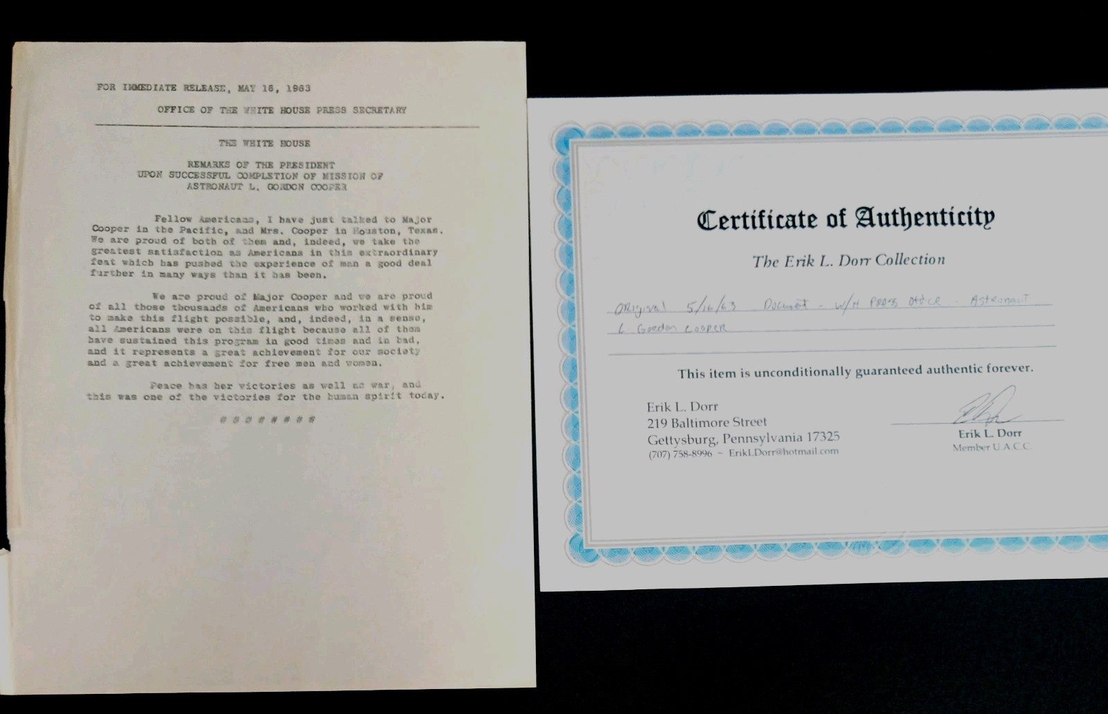 1963 JFK White House Press Release Astronaut Gordon Cooper W COA