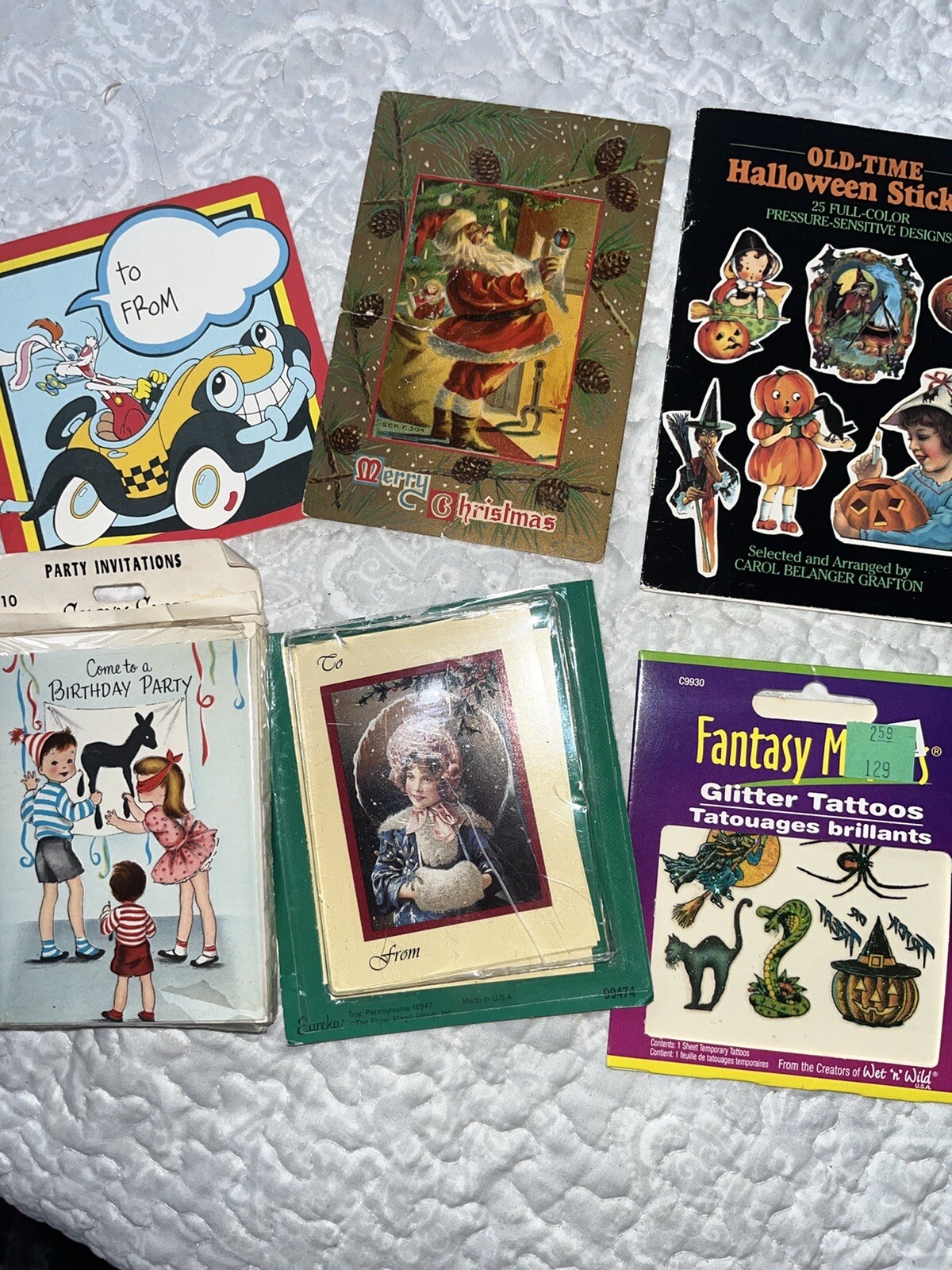 VINTAGE 80s 6 Packs USA EPHEMERA 1Postcard & Pkg Sticker,Tattoo,Cards,Invites