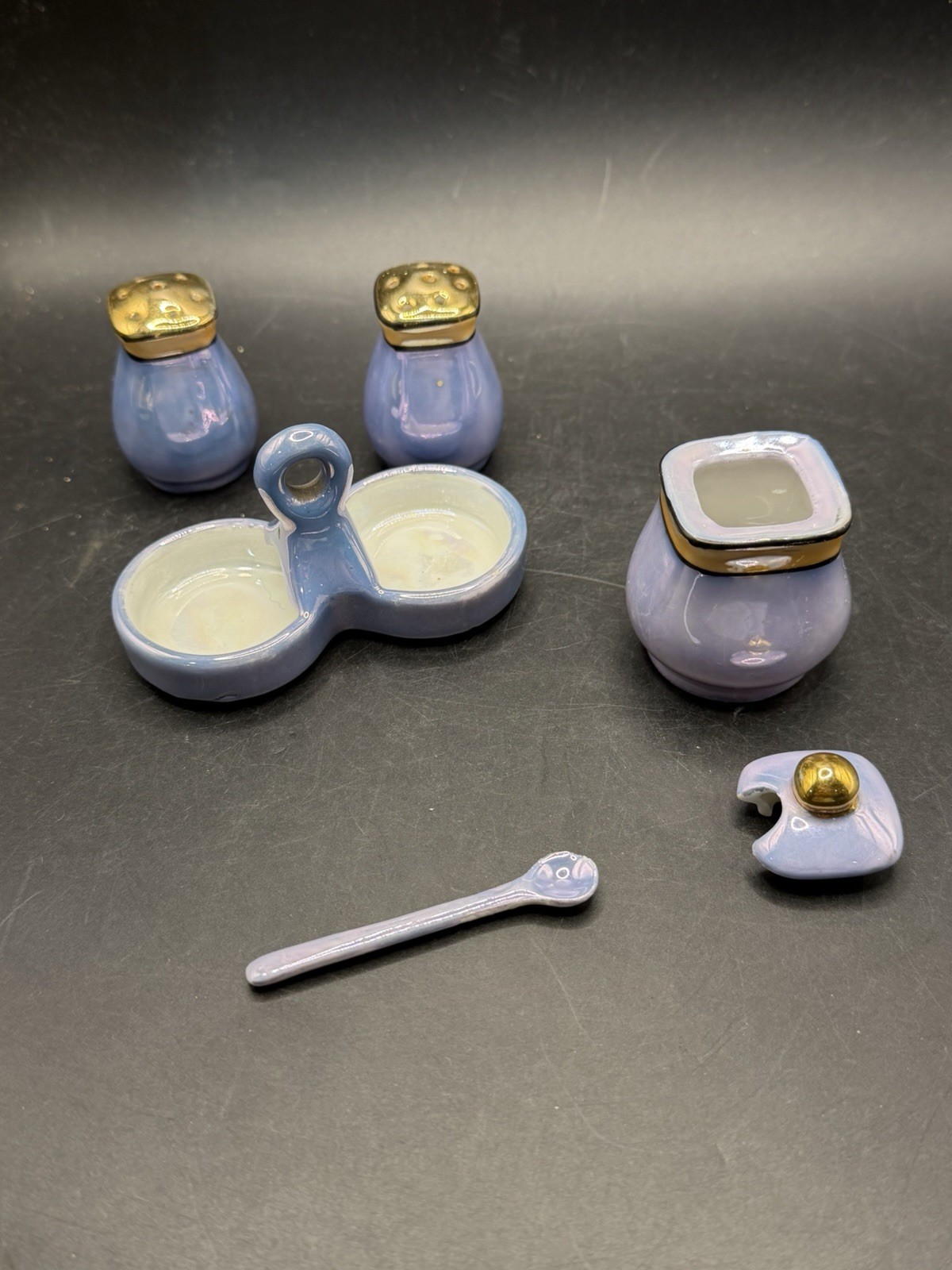 VTG Japanese Lusterware Salt Pepper Shakers Jam Mustard Pot Caddy Spoon Blue 