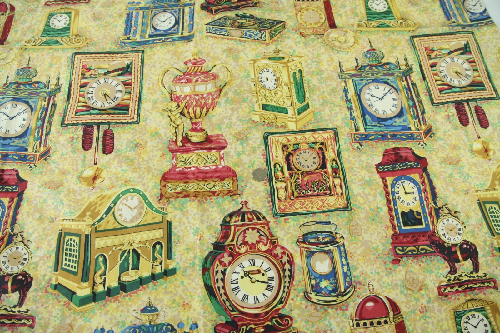 2Y+ VTG 90s Robert Allen Novelty Print Clock Fabric Upholstery Drapery Sample