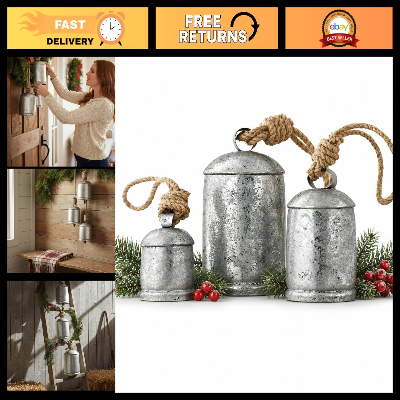 Rustic Silver Cow Bells Set of 3 - Vintage Christmas Wall Hanging Decor, Country