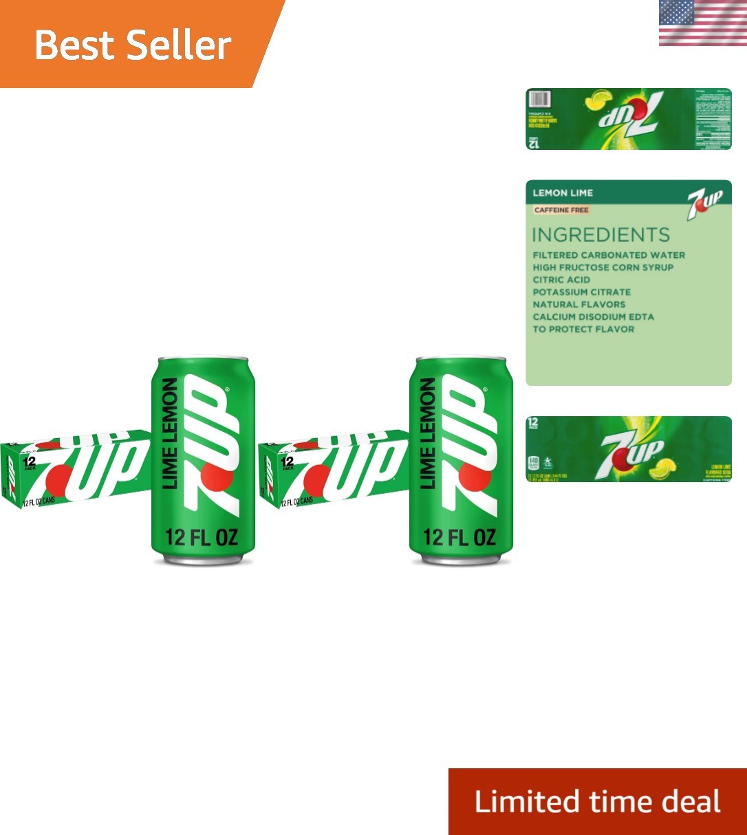 Crisp 7UP Lemon Lime Soda - Caffeine Free, Natural Flavor, 12 oz-24 Can Pack