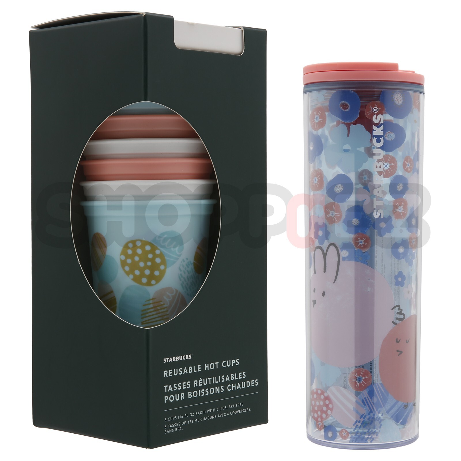 Starbucks Reusable Hot Cups Set of 6 & Easter Floral Rabbit Clear Tumbler 1-Pc