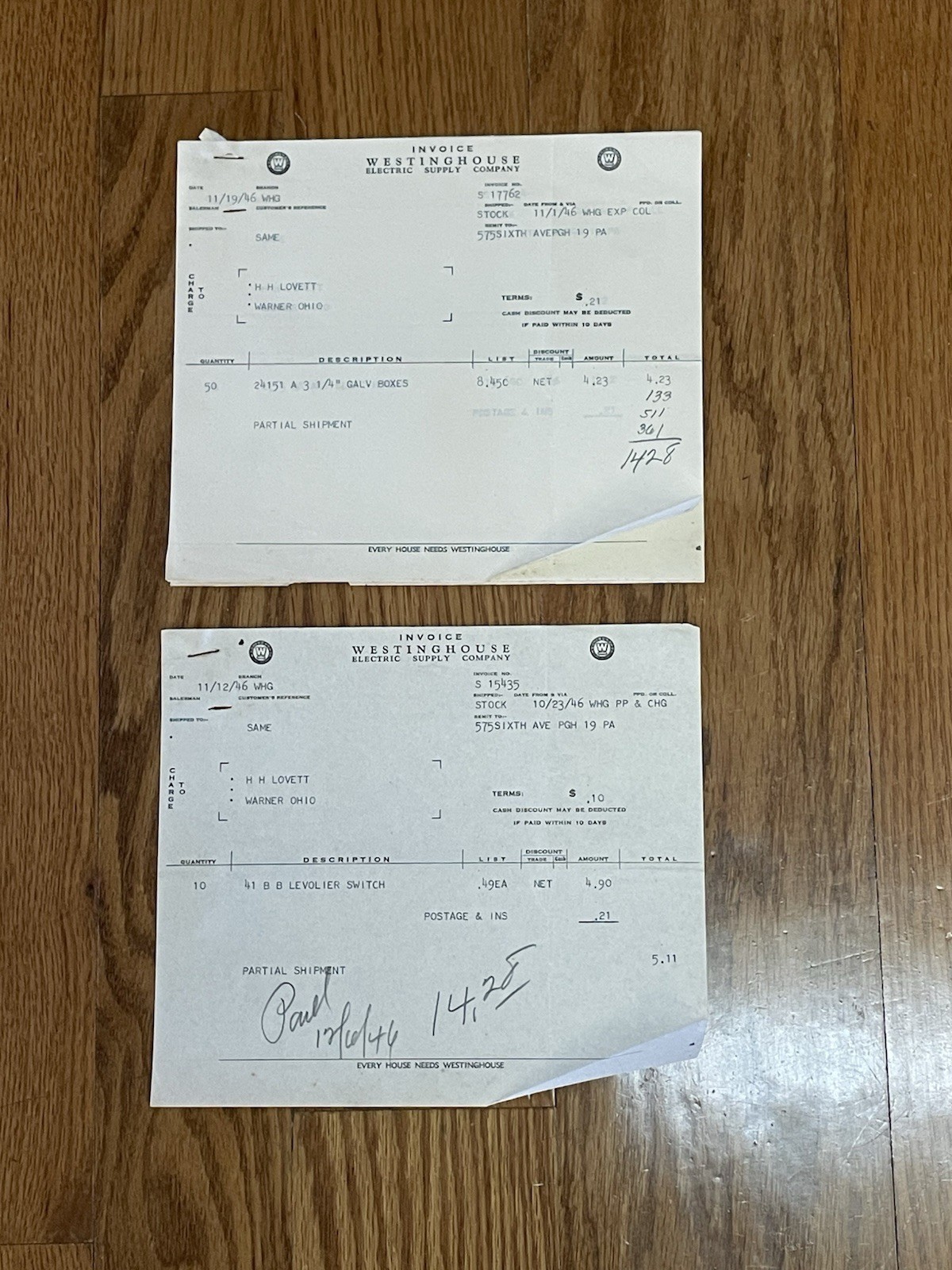Vintage Westinghouse Electric Supply Company Invoices Vintage Westinghouse Electric Supply Company Invoices