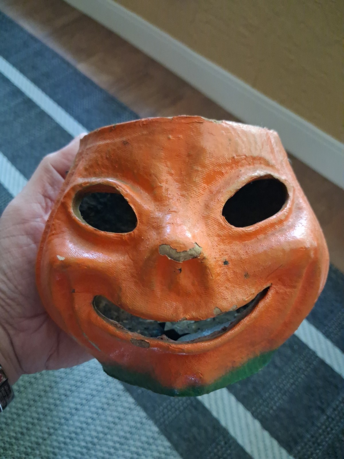 Antique Paper Mache Pulp Halloween Jack O Lantern Pumpkin Candy Bucket W/ Handle