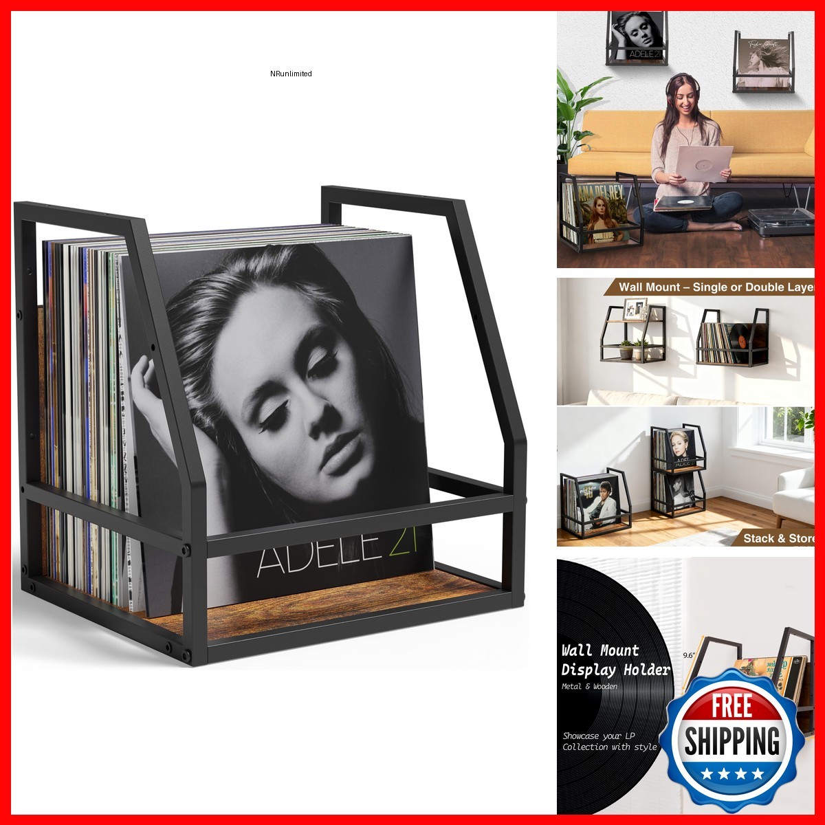 Y&M 2 In 1 Vinyl Record Storage Crate, 1PC Wood LP Holder, Wall Mount Or