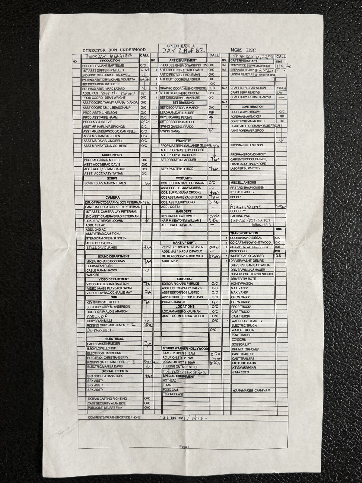 1994 Speechless MGM Original Movie Call Sheet