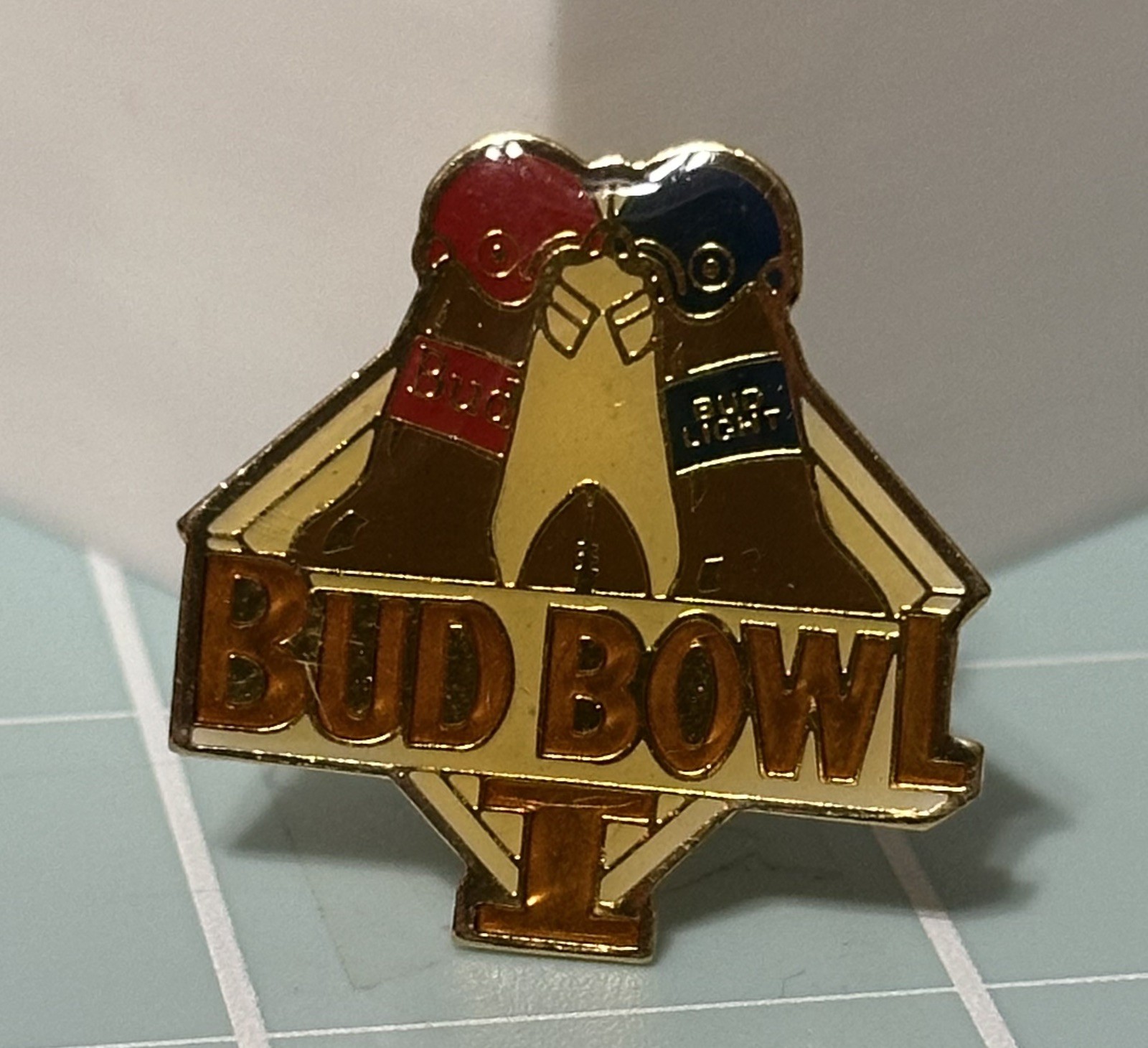 Bud Bowl I Football Super Bowl Advertisement Lapel Hat Pin 80s 90s Novelty 