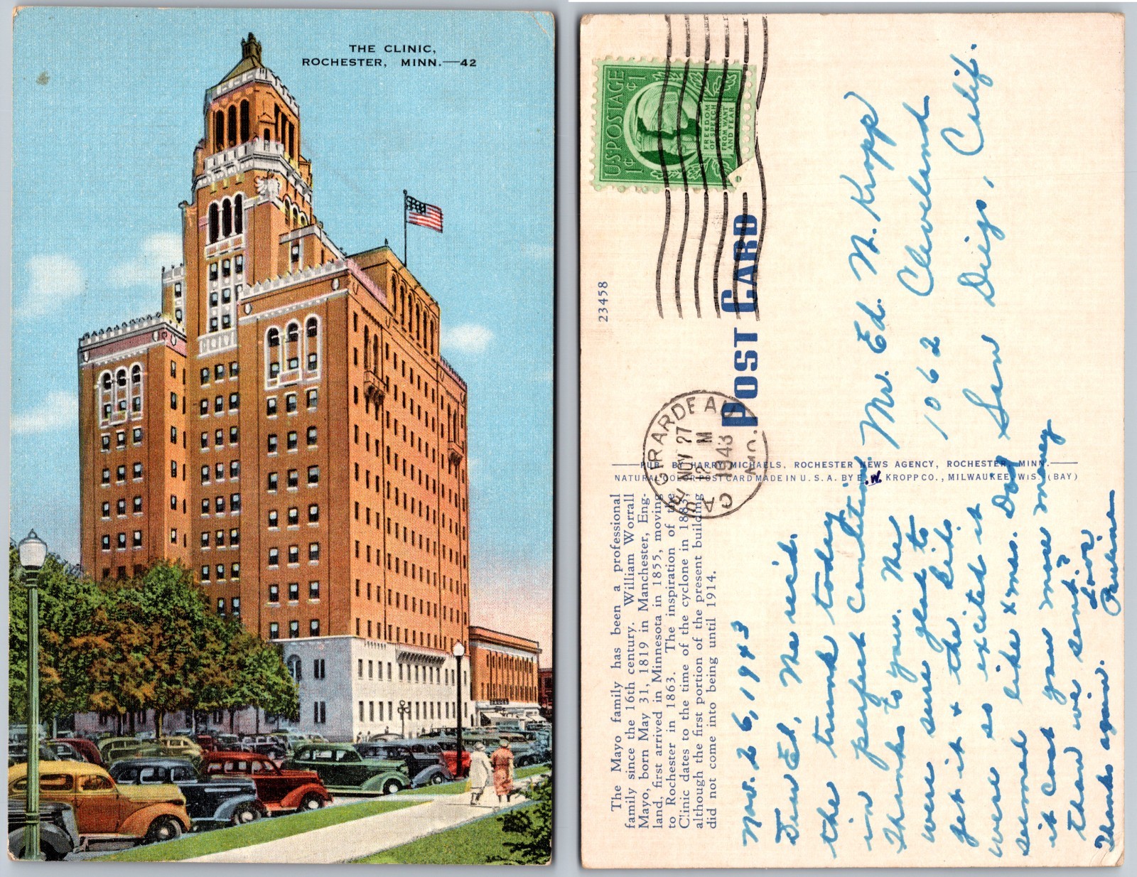 Rochester Minn The Clinic Tall Building Cars Postcard