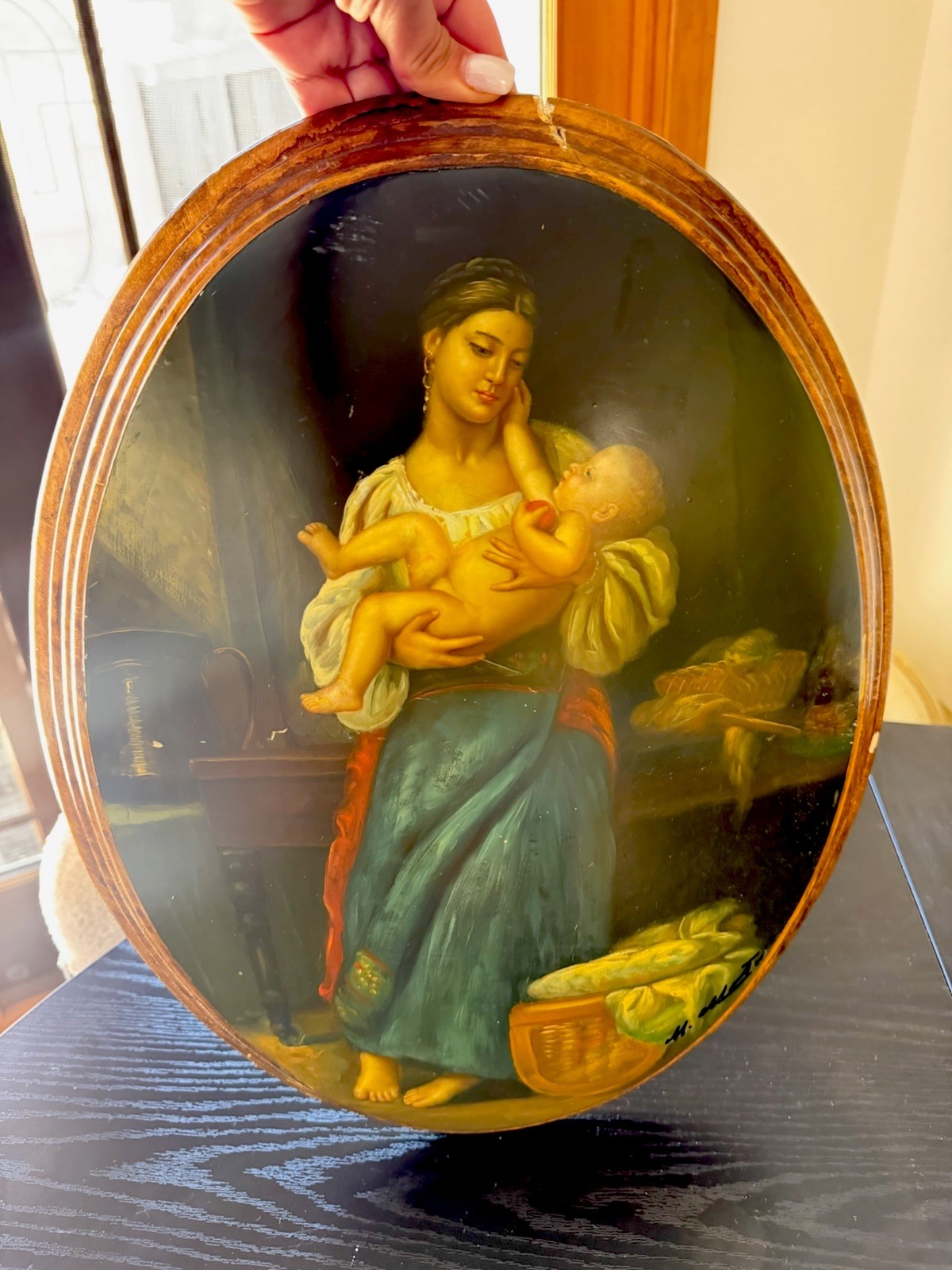 Antique 1800s Wood Frame Hand Painted Madonna & Child ITALIAN Signed By Artist
