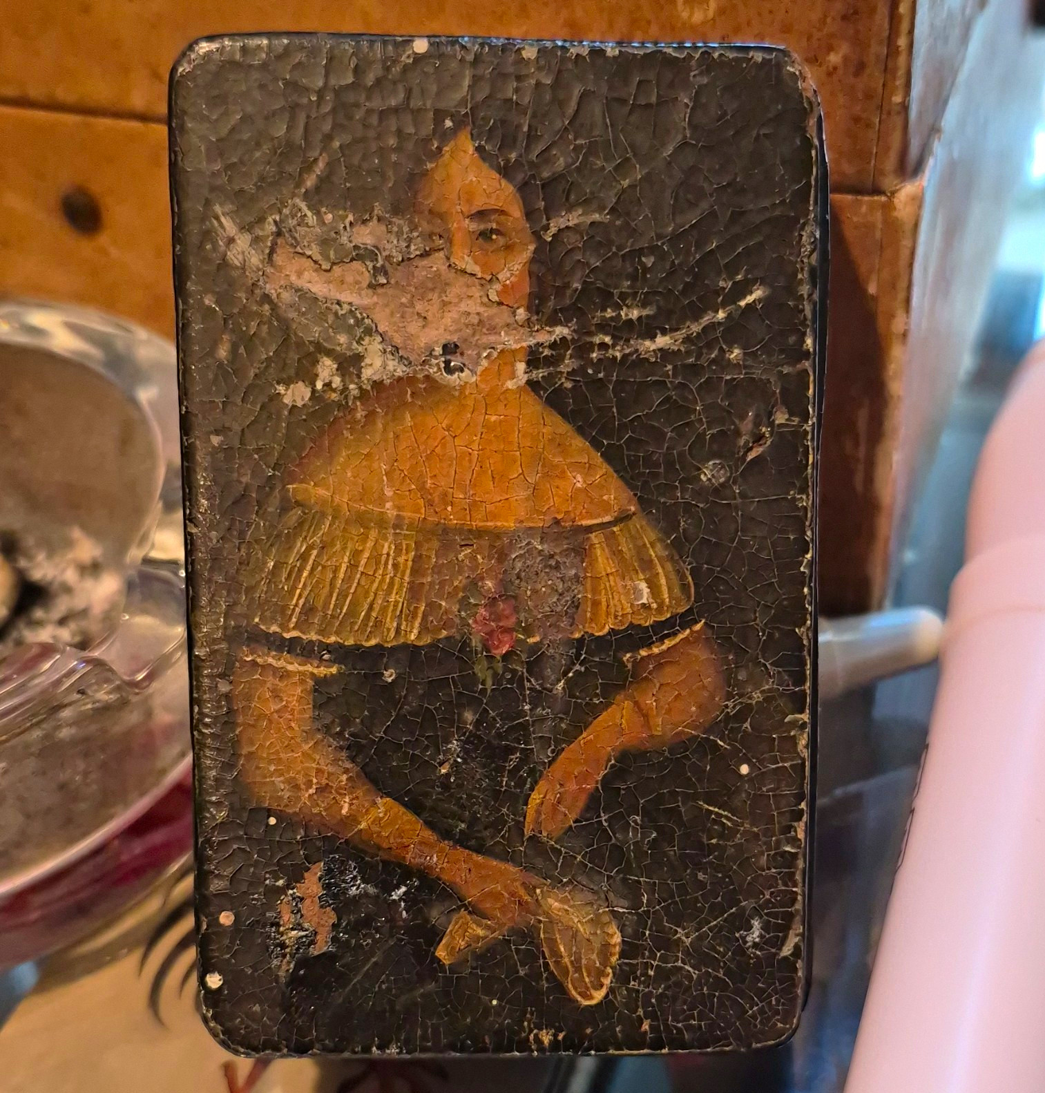 Antique 1800-1849 Small Black Wooden Hinged Lid Trinket Box Woman Portrait