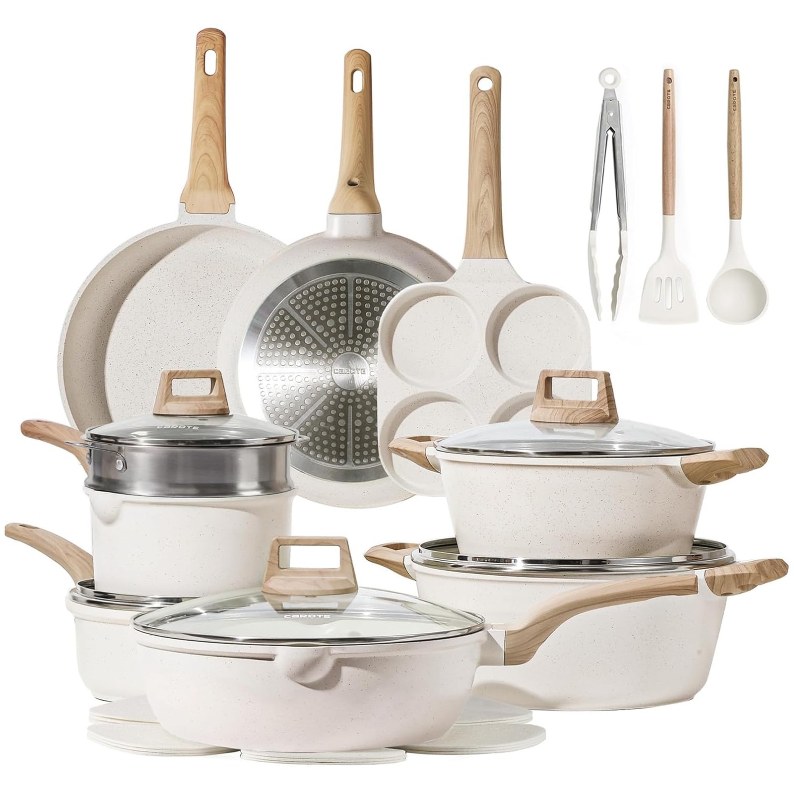 CAROTE 21pcs Pots and Pans Set, Nonstick Cookware Sets, 21 Piece, Cream White