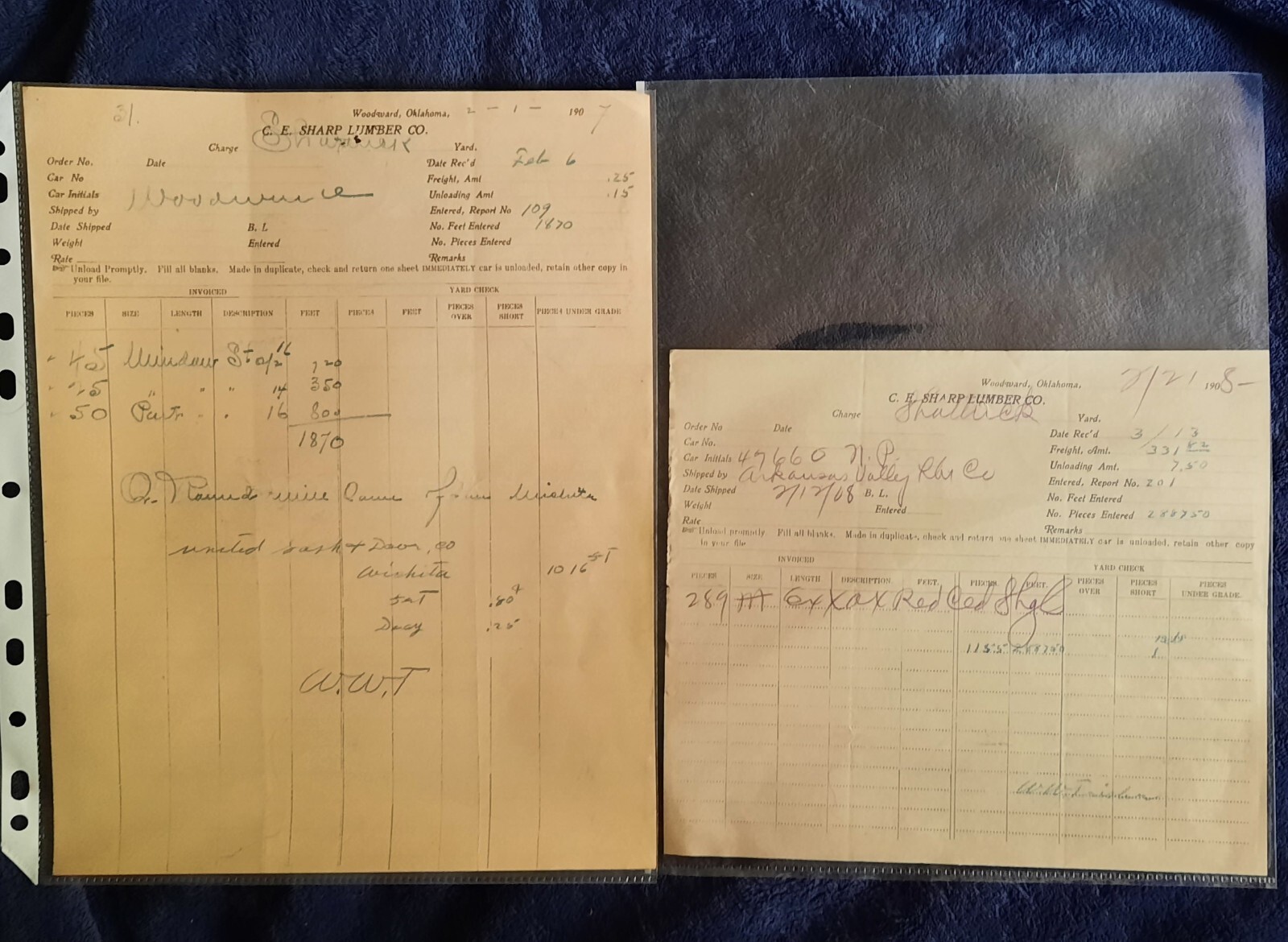 Historic Oklahoma 1907 & 1908 Statehood Original Billheads Building Materials