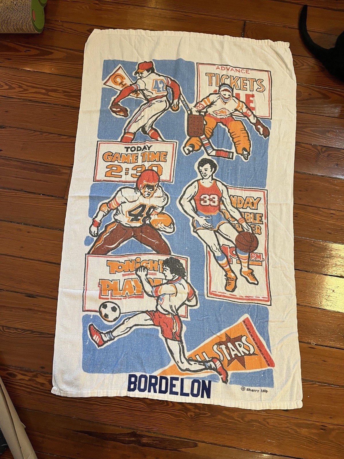 Vintage 70s Sherry MFG All Star Sport Themed Beach Towel Made In USA. Football