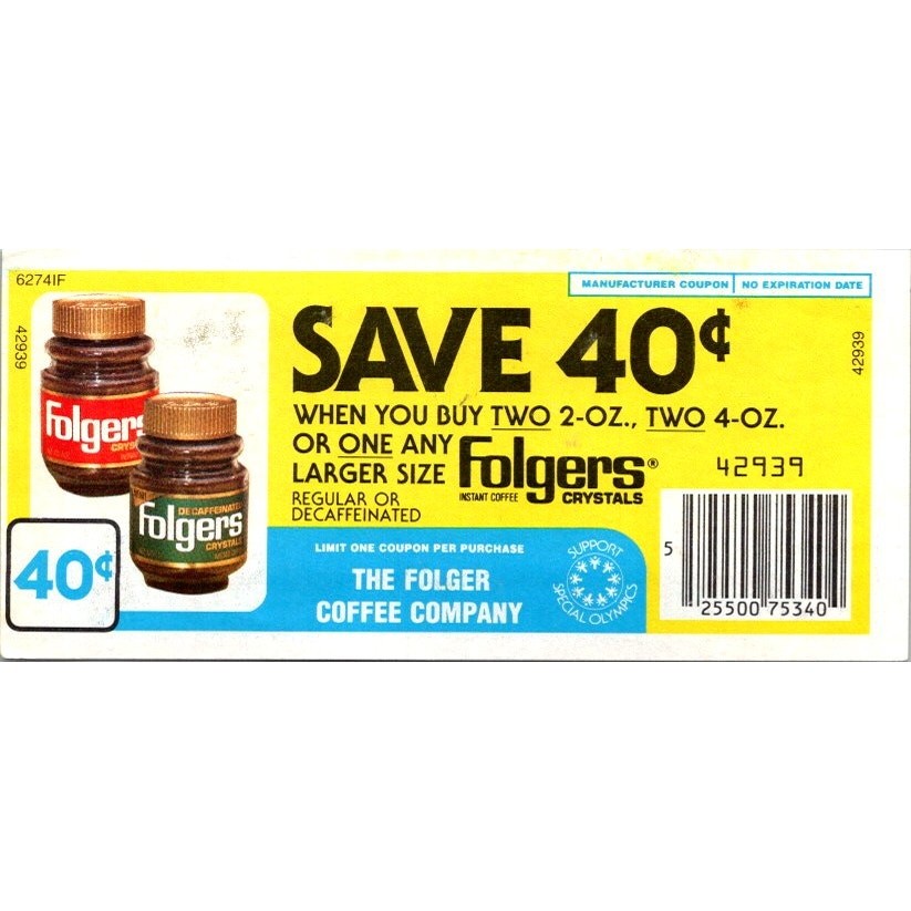 Save 40¢ When You Buy Folgers Crystals Instant Coffee 1980s Coupon SAI1-H4