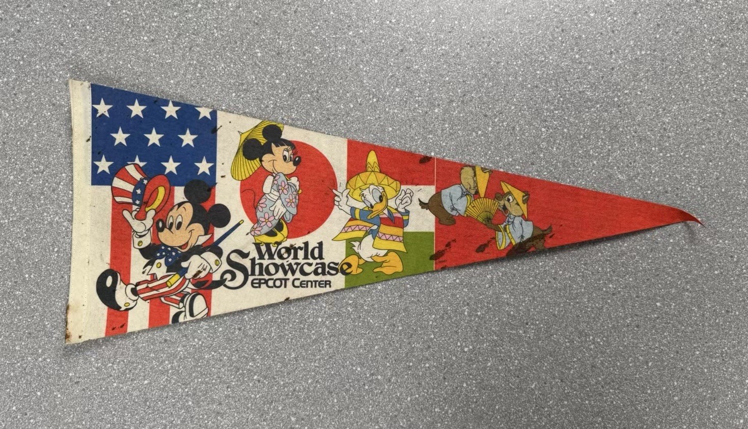 Vintage 1980s Epcot Center World Showcase Felt Pennant Disney Mickey Minnie 28”