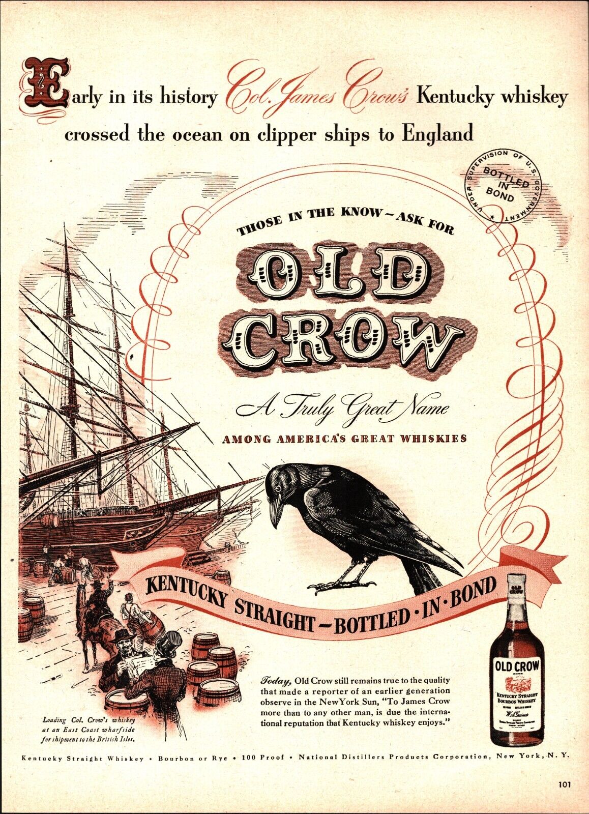 1947 Clipper Ships to England Old Crow Bourbon Barrels vintage art print ad d1