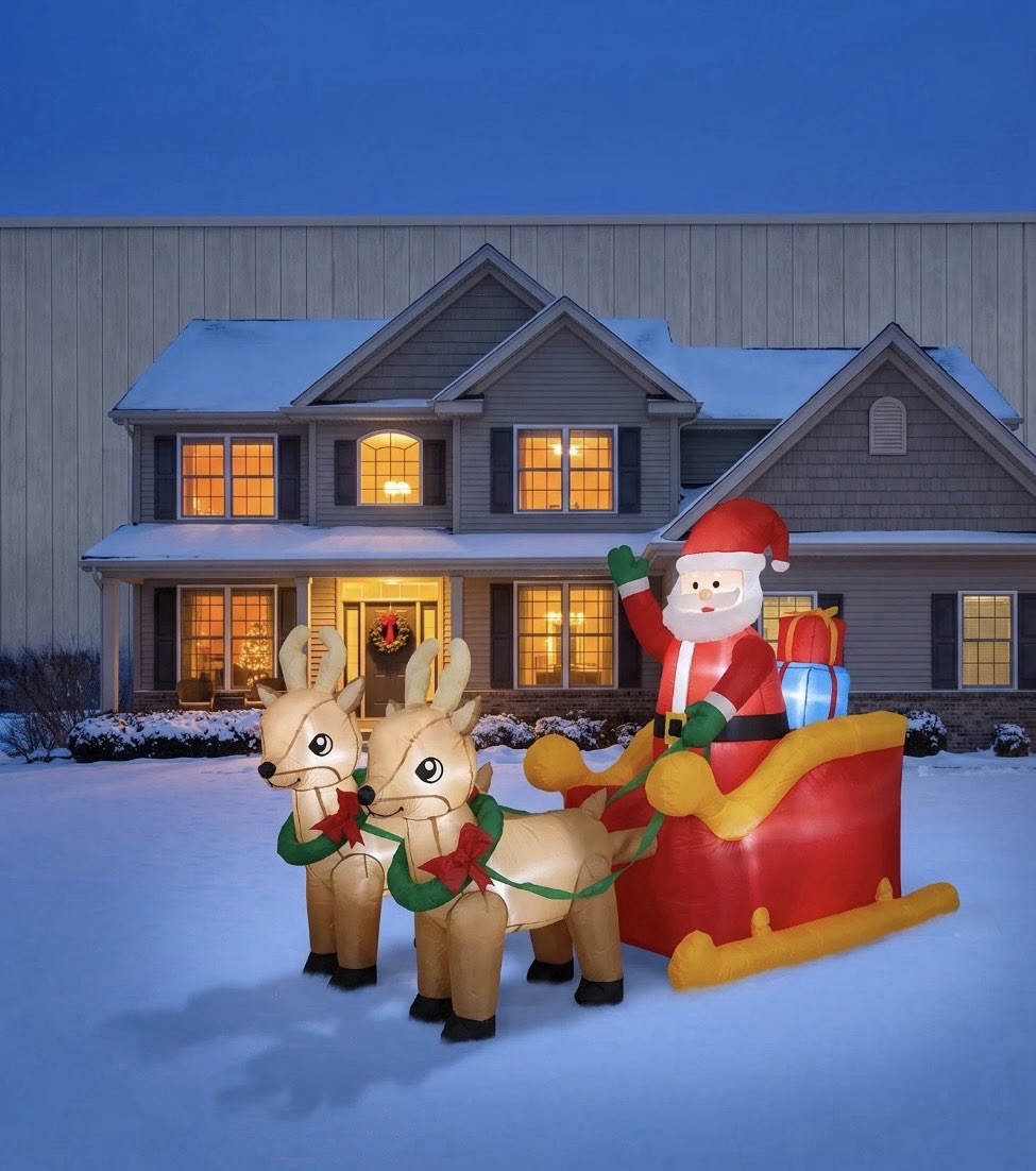 7 FT Christmas Inflatable Santa Claus Sleigh & 2 Reindeers with Built-In LED’S