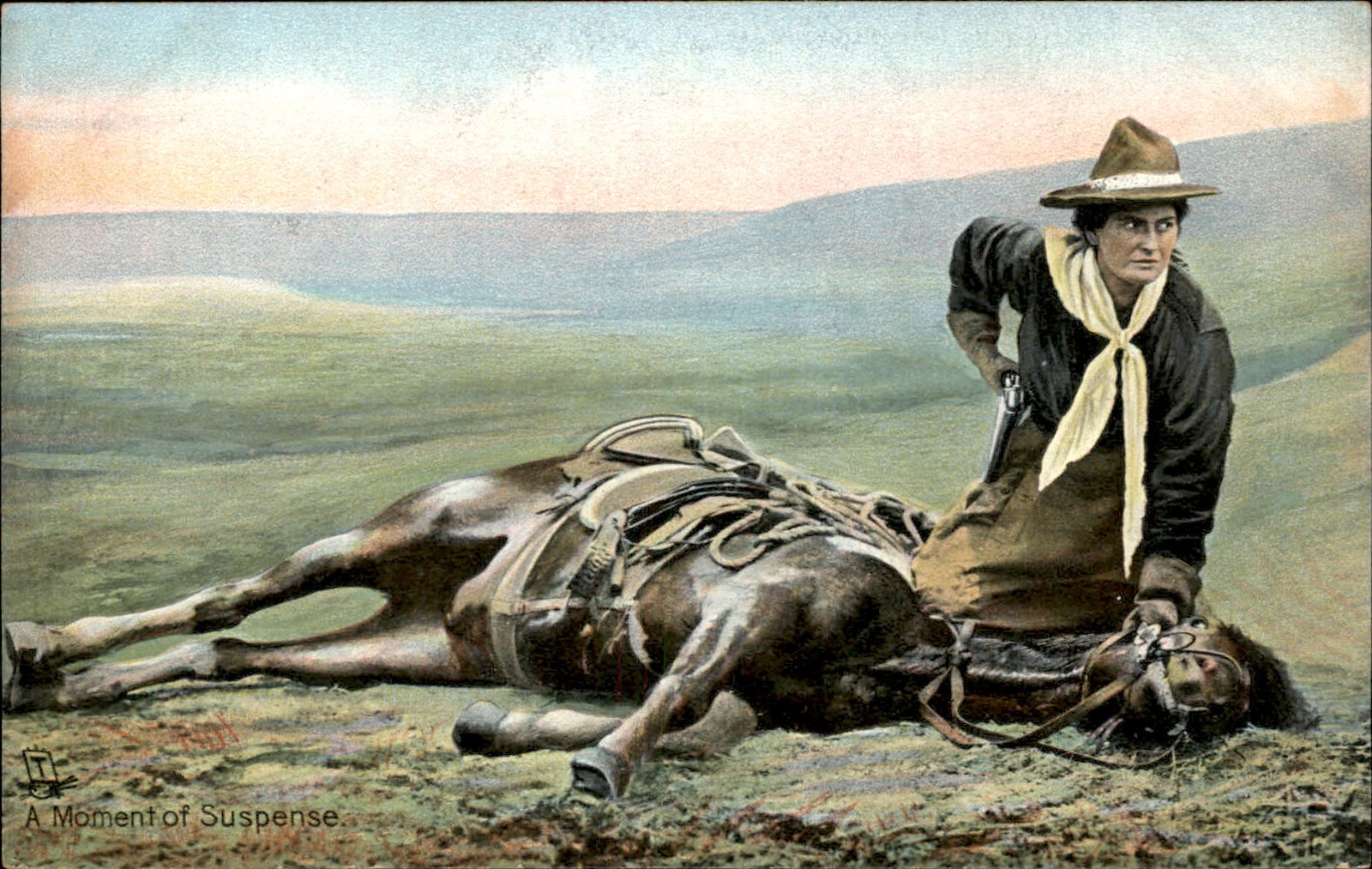 Cowgirl over fallen horse Pulling Gun Tuck GREAT IMAGE c1910 Postcard bhn