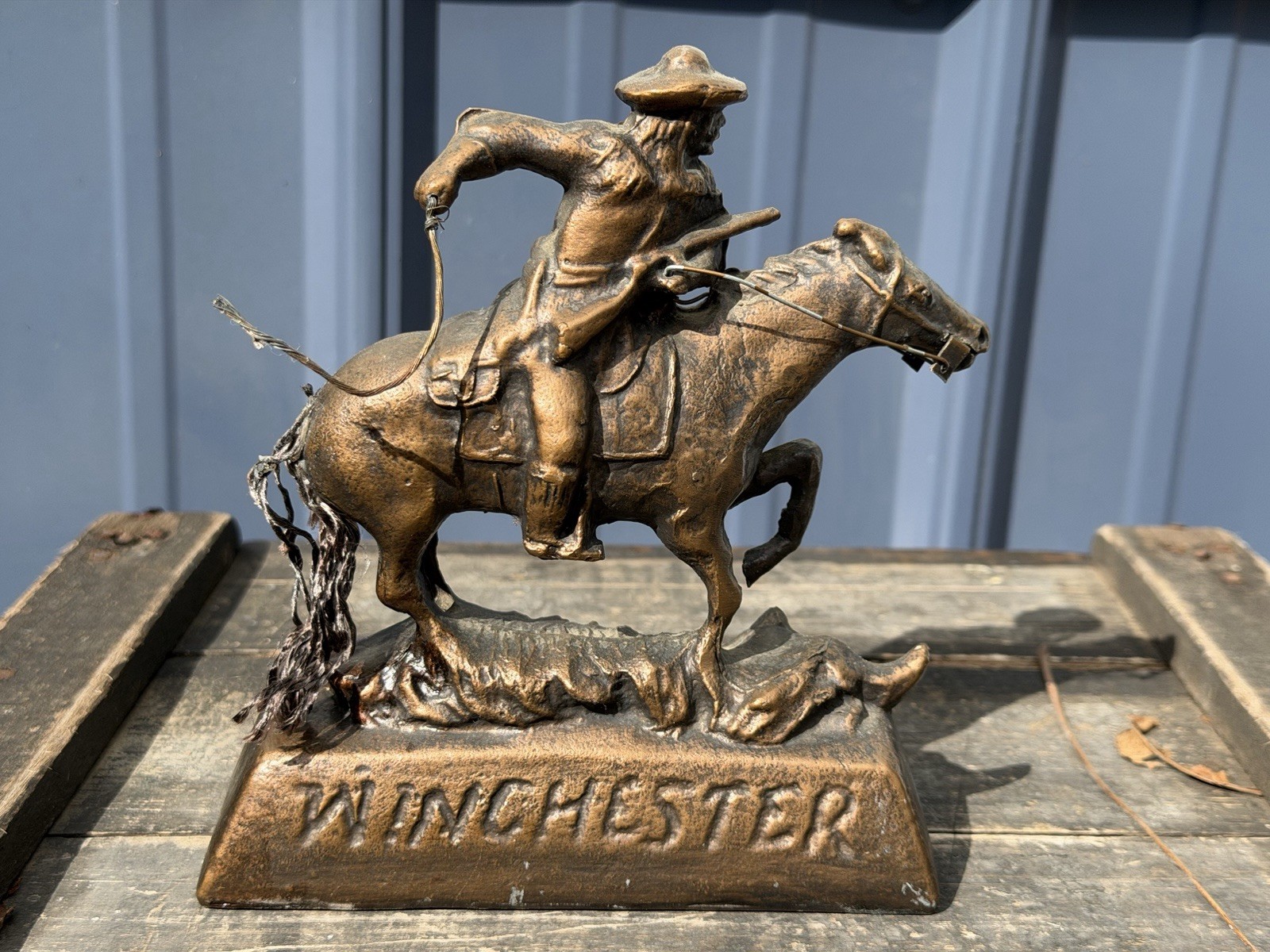 Vintage Winchester Cowboy Horse Advertising Statue Western Cast Metal 7.5”