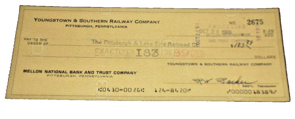 OCTOBER 1969 YOUNGSTOWN & SOUTHERN RAILWAY COMPANY CHECK #2675