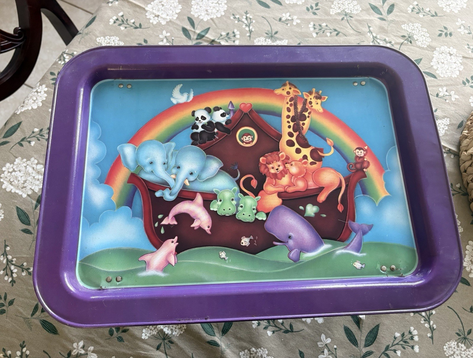 Vintage Noah’s Ark Folding Bed Tray Table Purple Animal Print Breakfast Lap Tray