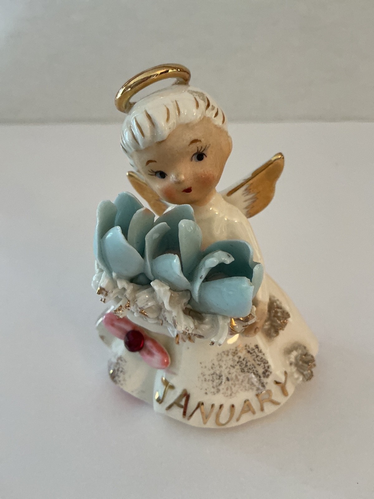 1950’s LEFTON JANUARY ANGEL SNOWDROP GARNET GEM BIRTHDAY FIGURE CERAMIC #489 EUC